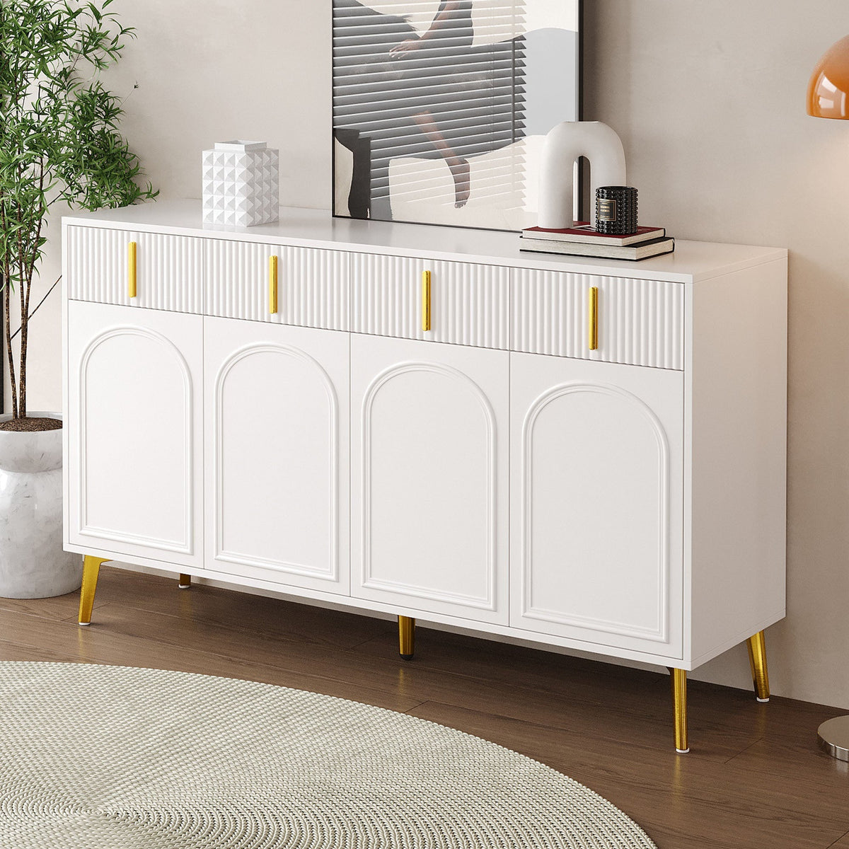 Sideboard, 4 Doors 4 Drawers, Gold Handles Legs, White MDF
