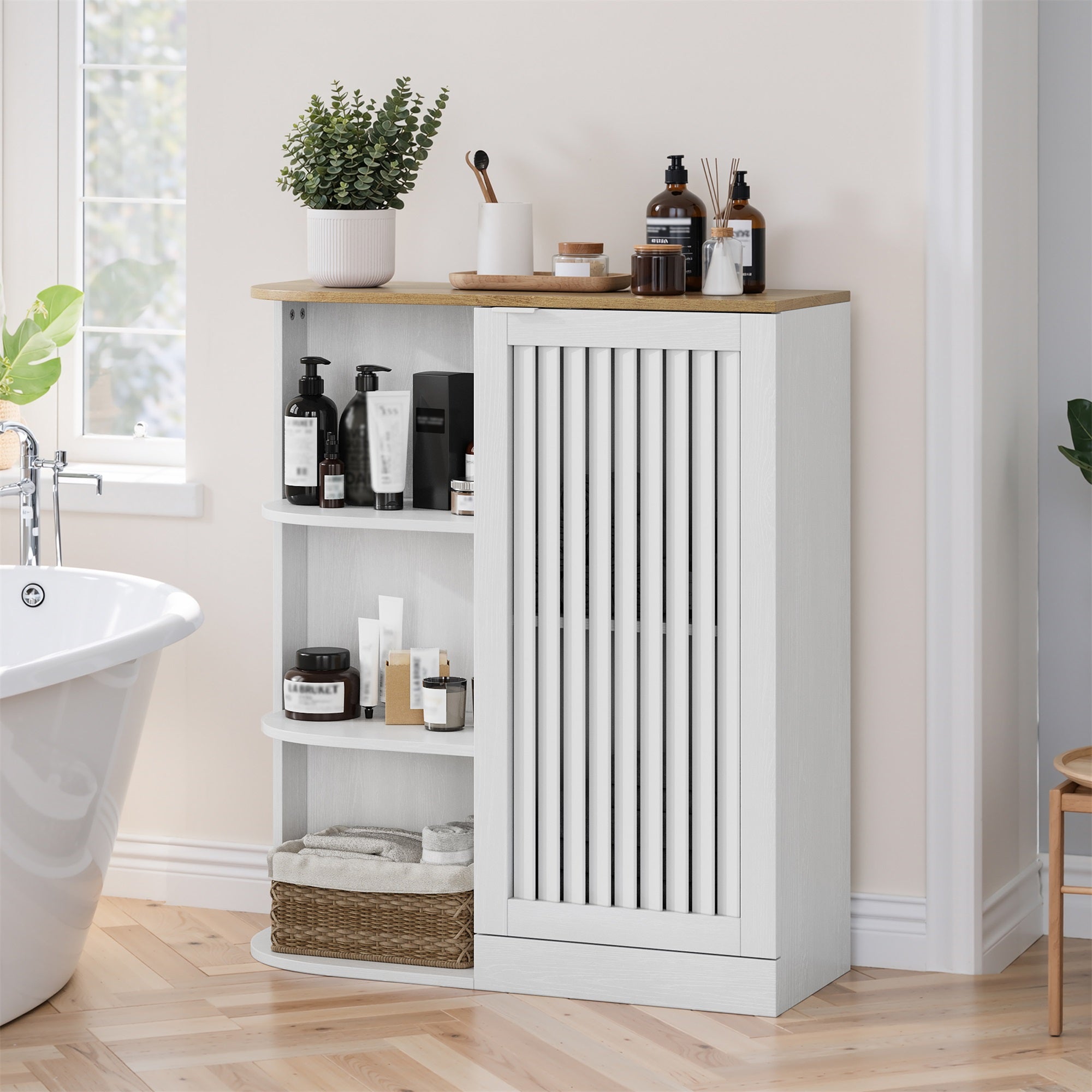 Corner Cabinet with Mesh Doors and Adjustable Shelves, White and Oak
