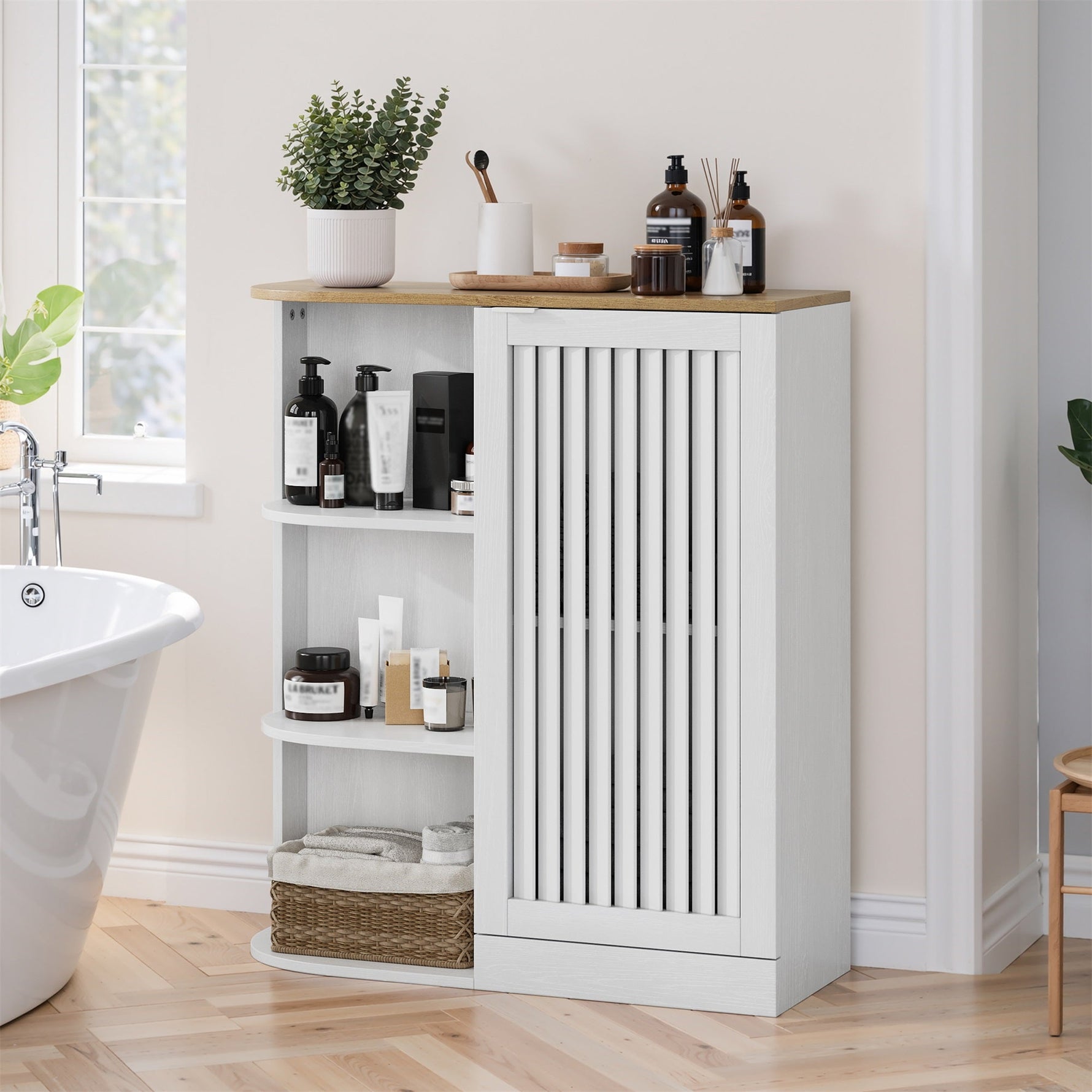 Corner Cabinet with Mesh Doors and Adjustable Shelves, White and Oak