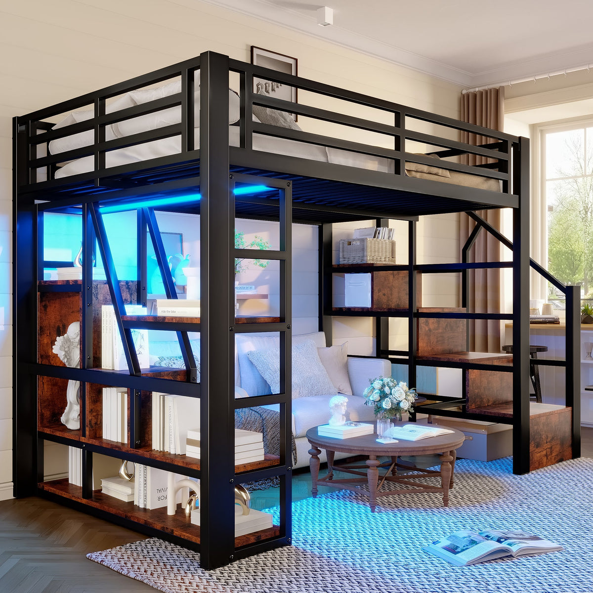 Loft Bed 140x200cm Iron Frame, Storage, Steps, LED, Black