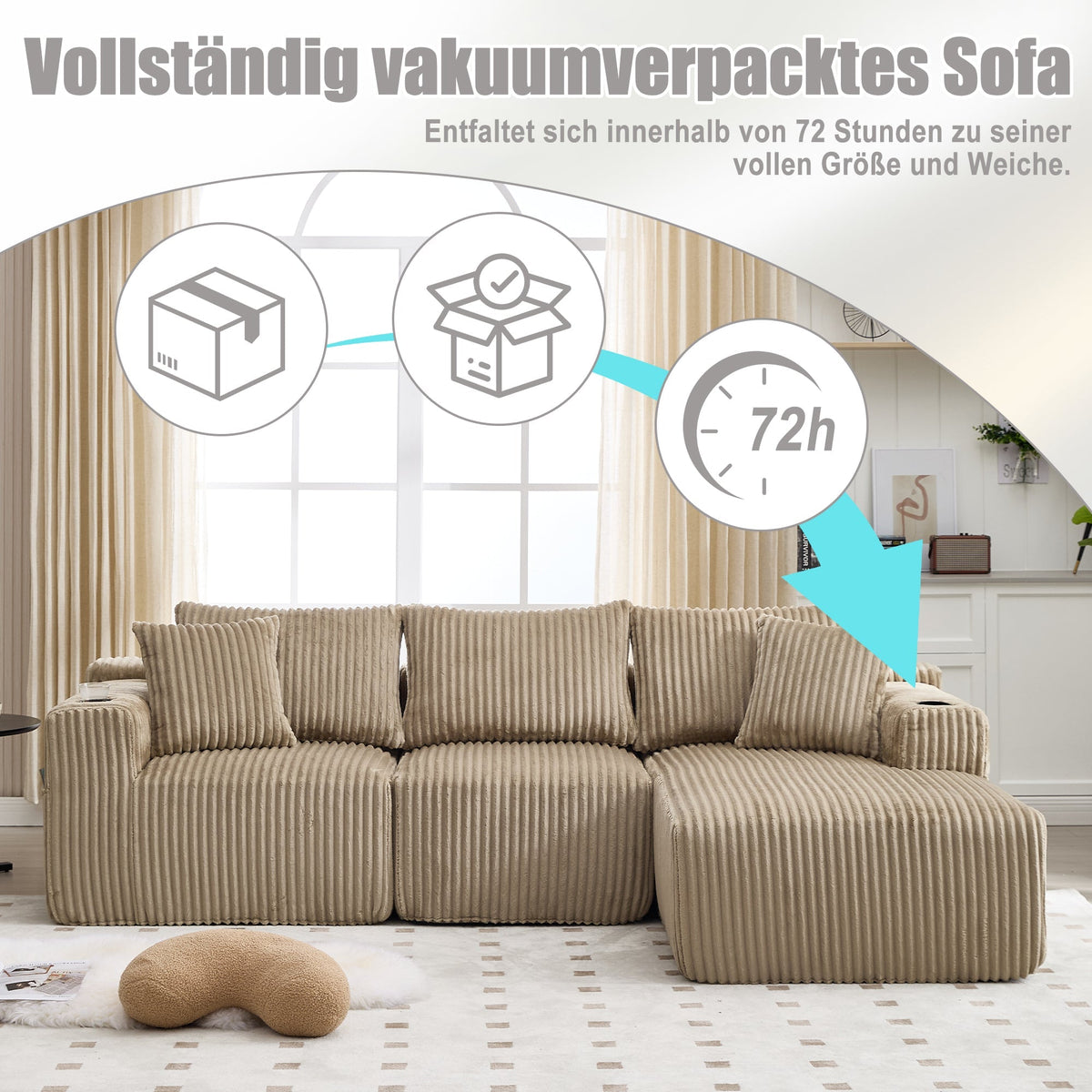 Modular Sofa Set Chaise & 2-Seater, 5 Cushions, Drink Holders, Corduroy Fabric