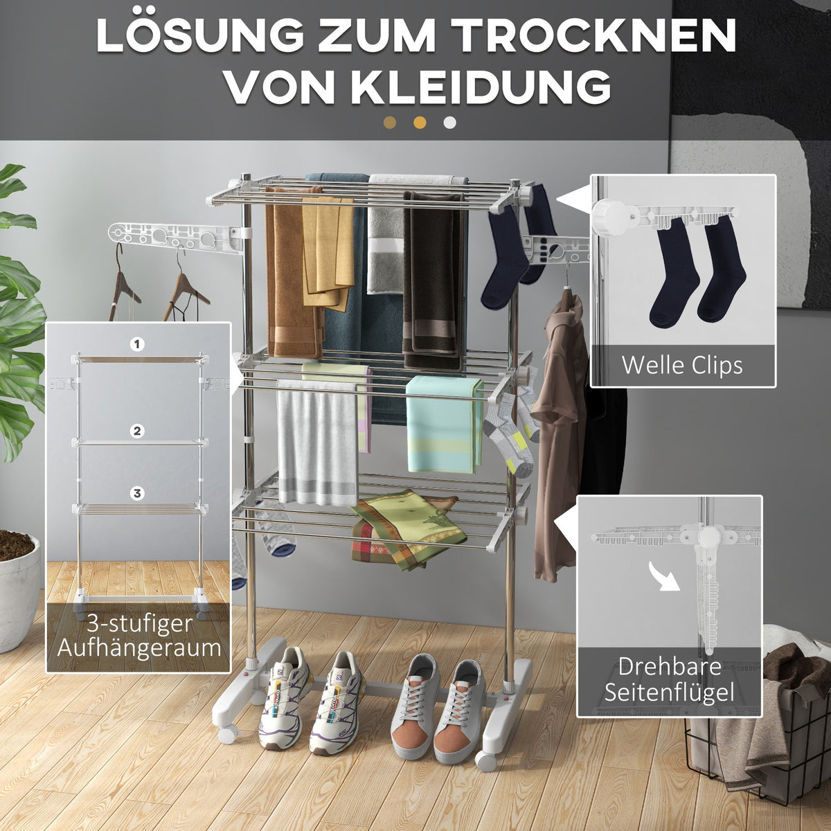 Mobile clothes dryer foldable 3 levels with wheels, for space-saving drying