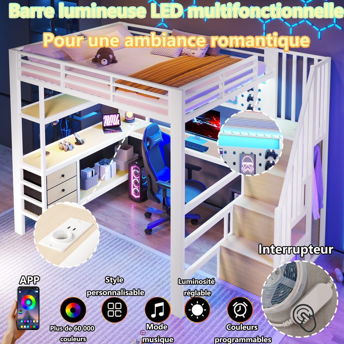 Loft Bed 140x200cm with Desk & Storage, White Metal