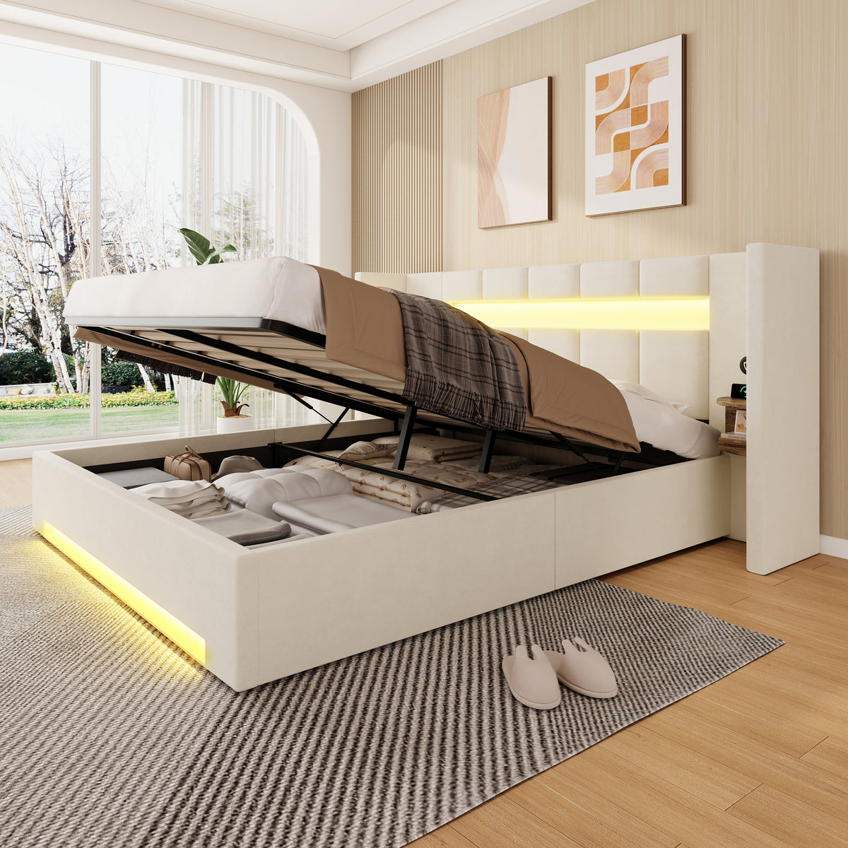 Multifunctional Bed Frame 160x200cm LED Hydraulic Storage Velvet