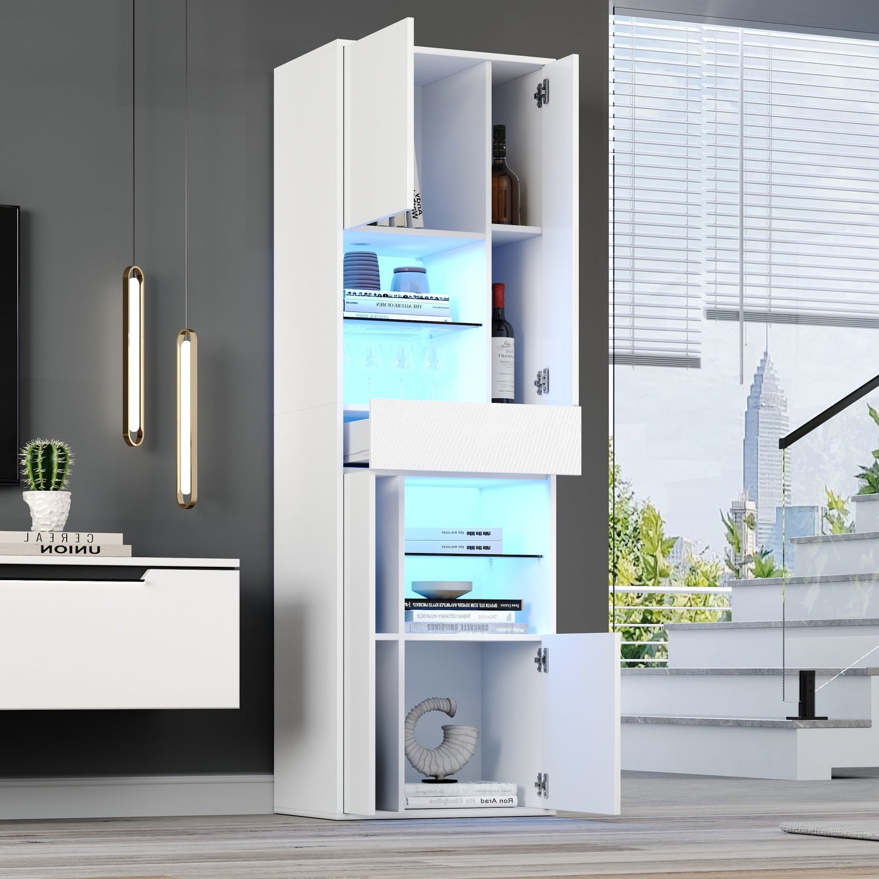 Display Cabinet Tall, LED High-Gloss 1 Drawer 4 Cabinets 55x38x170cm, White