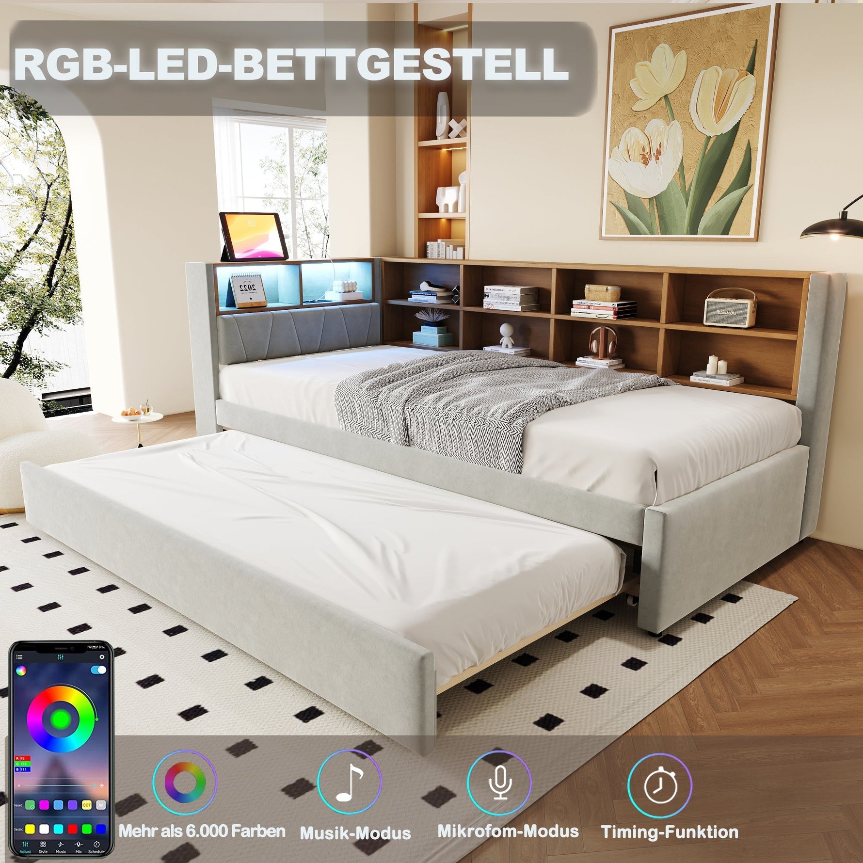 Sofa Bed 90x200 Pull-out LED Storage Flannel Light Grey