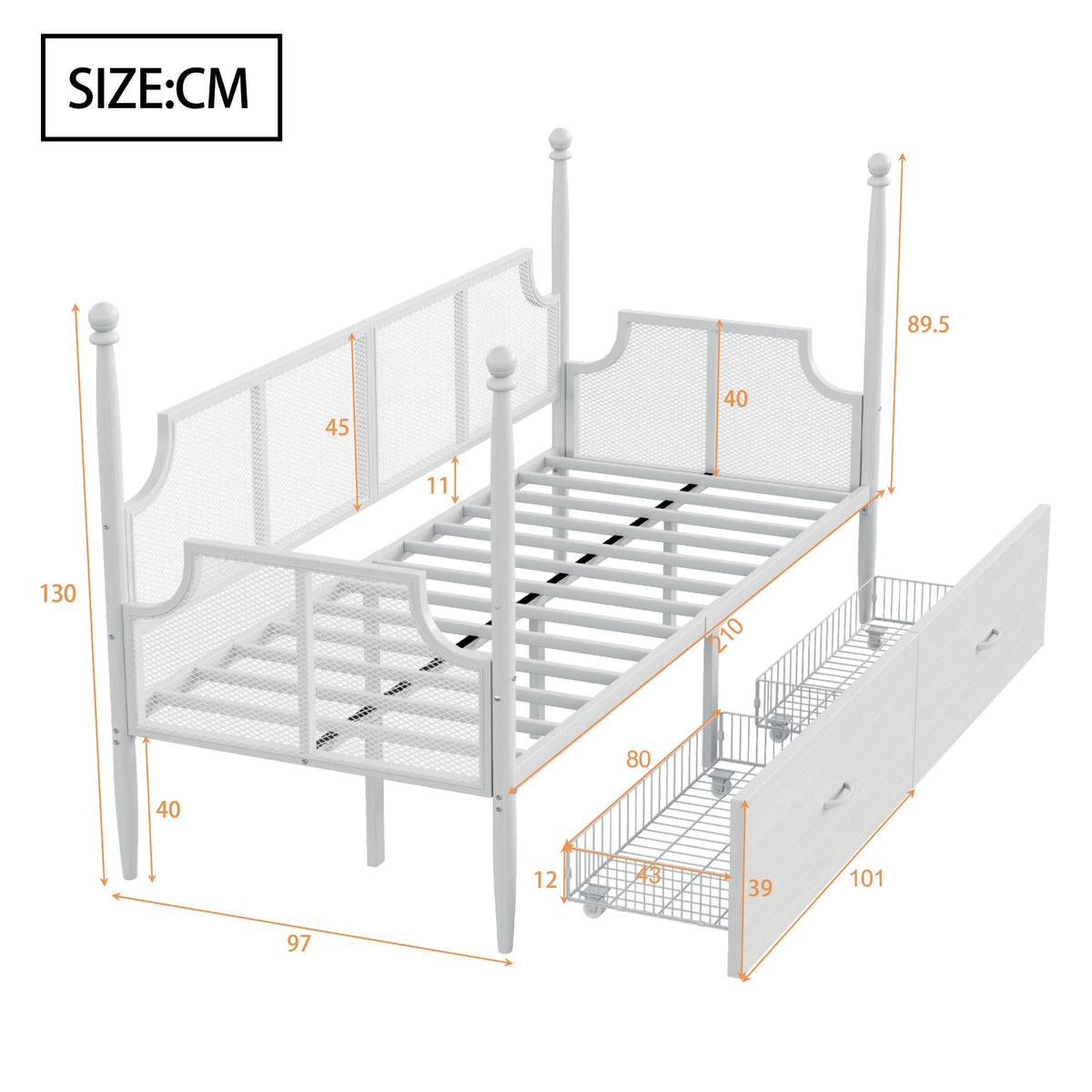 Iron Sofa Bed, 90x200 Vintage Mesh with Storage, White
