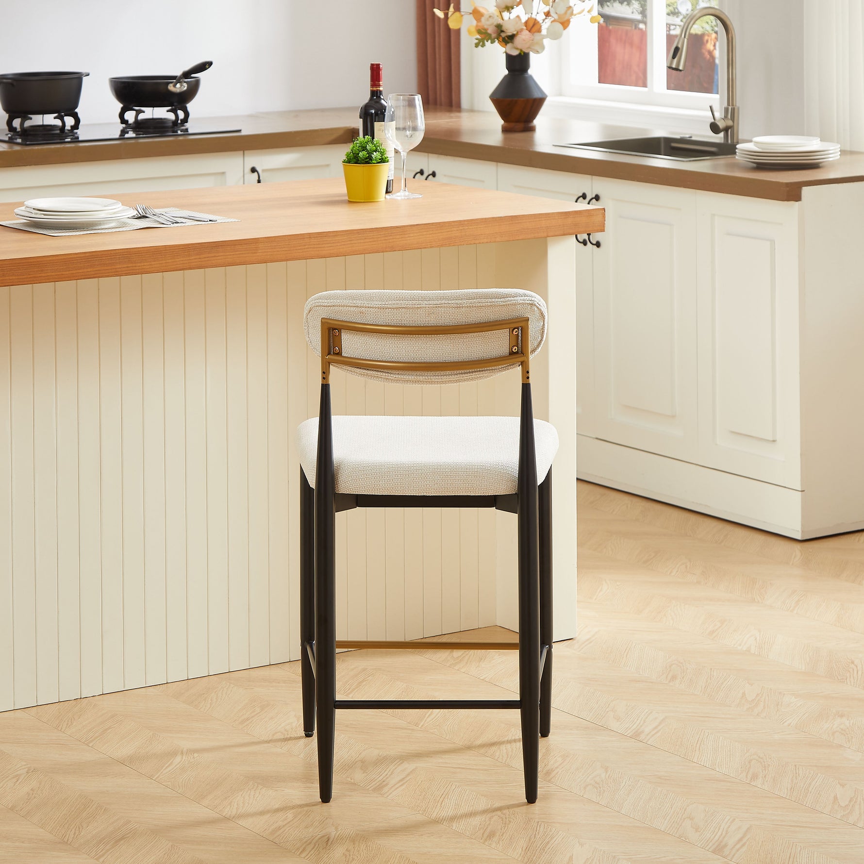 2-Pack Counter Height Bar Stools French Country Upholstered Curved Back - Black/Coffee Frame Cream Fabric