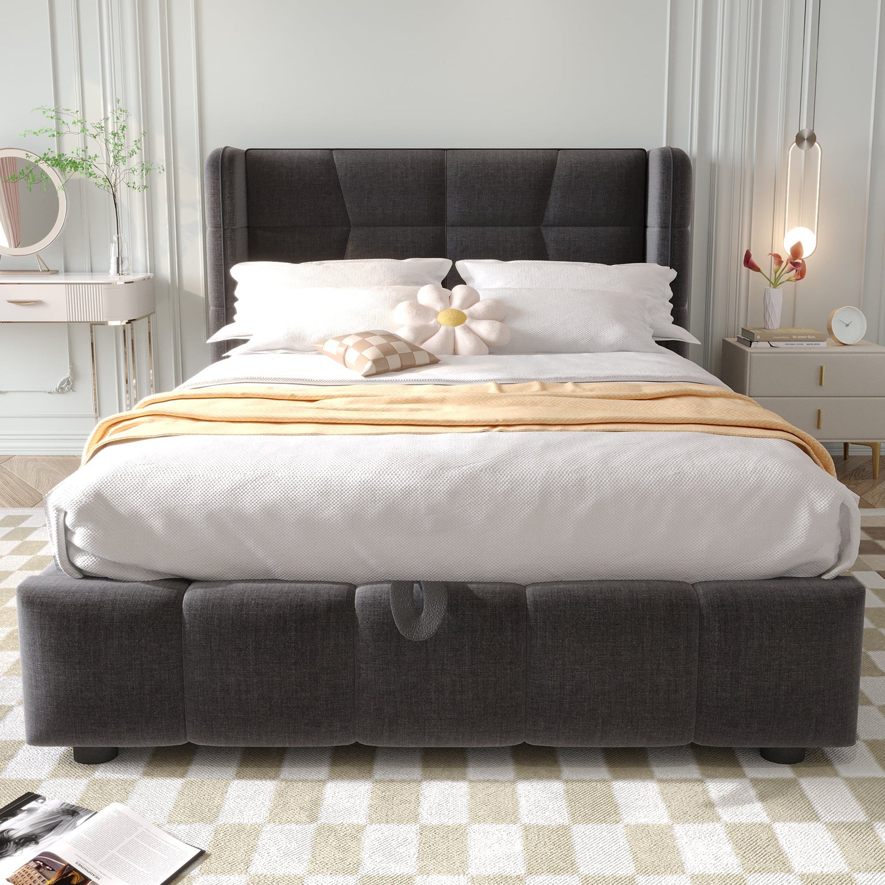 Upholstered Bed 90x200cm Pneumatic Storage Slatted Base - Linen Grey