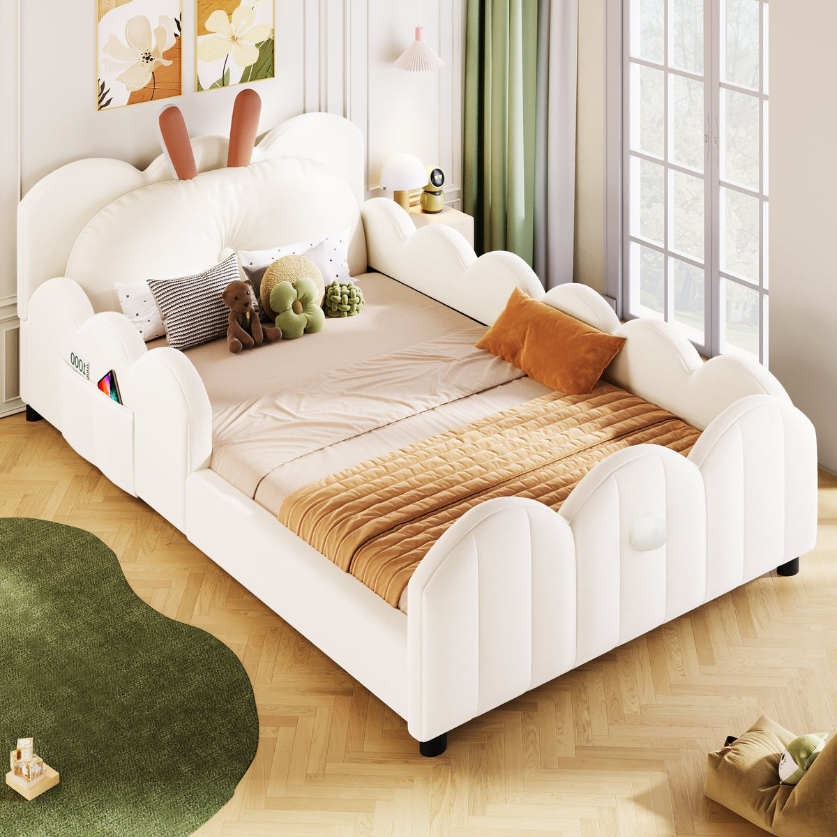Upholstered Platform Bed with Rabbit-Shaped Cushions, 90x200cm, Beige