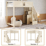 Solid Wood Loft Bed 90 x 200 cm with Safety Door and Storage Ladder, Wood Color