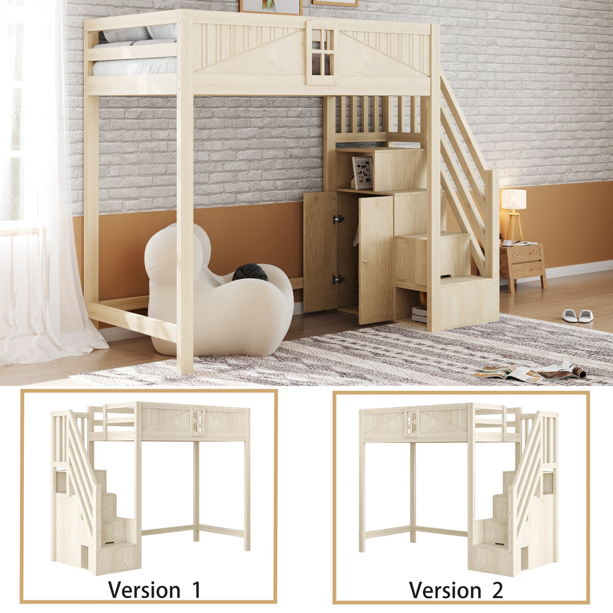 Solid Wood Loft Bed 90 x 200 cm with Safety Door and Storage Ladder, Wood Color