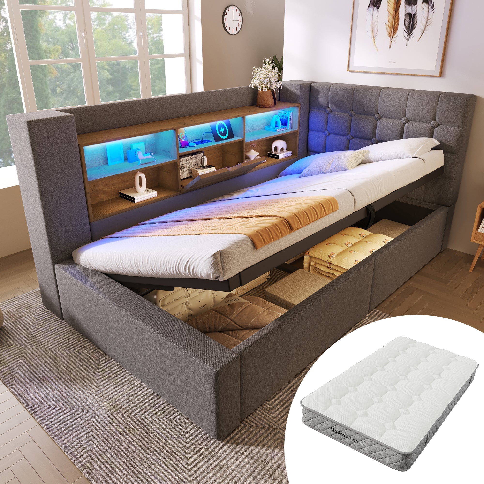 Upholstered Single Bed 90x200cm with LED, Hydraulic Storage and L-Shaped Headboard, Grey Linen Fabric (With Mattress)