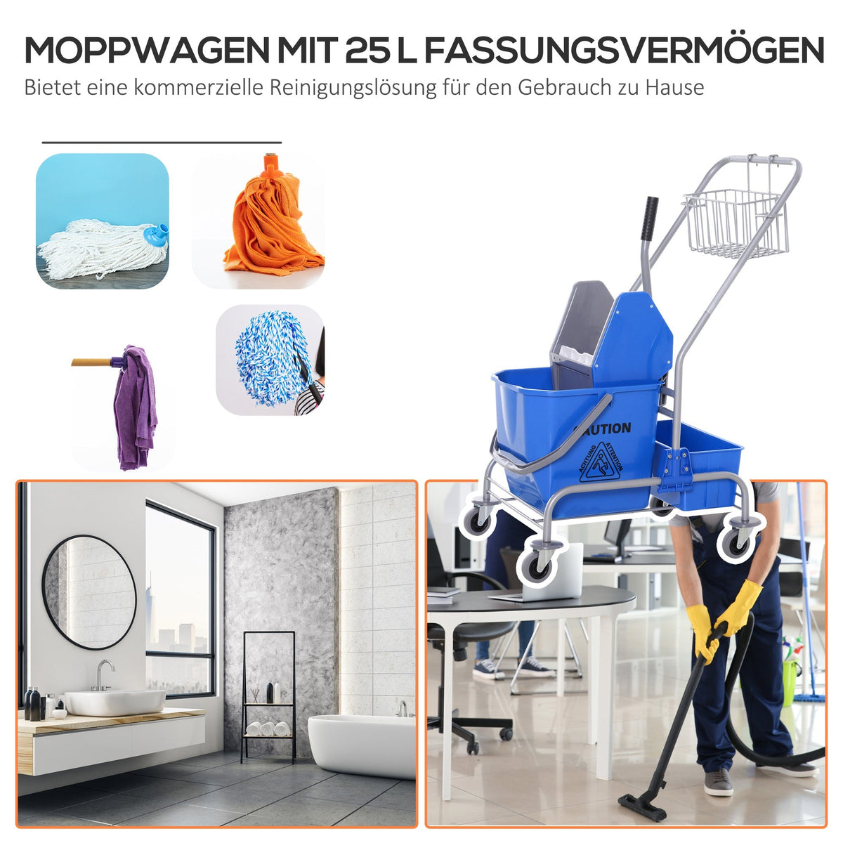 Cleaning Cart Mobile Mop Bucket, 25 Liters with Wringer and 4 Wheels, Blue