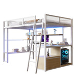 Gaming Loft Bed 140x200cm with Workspace & LED, White Metal