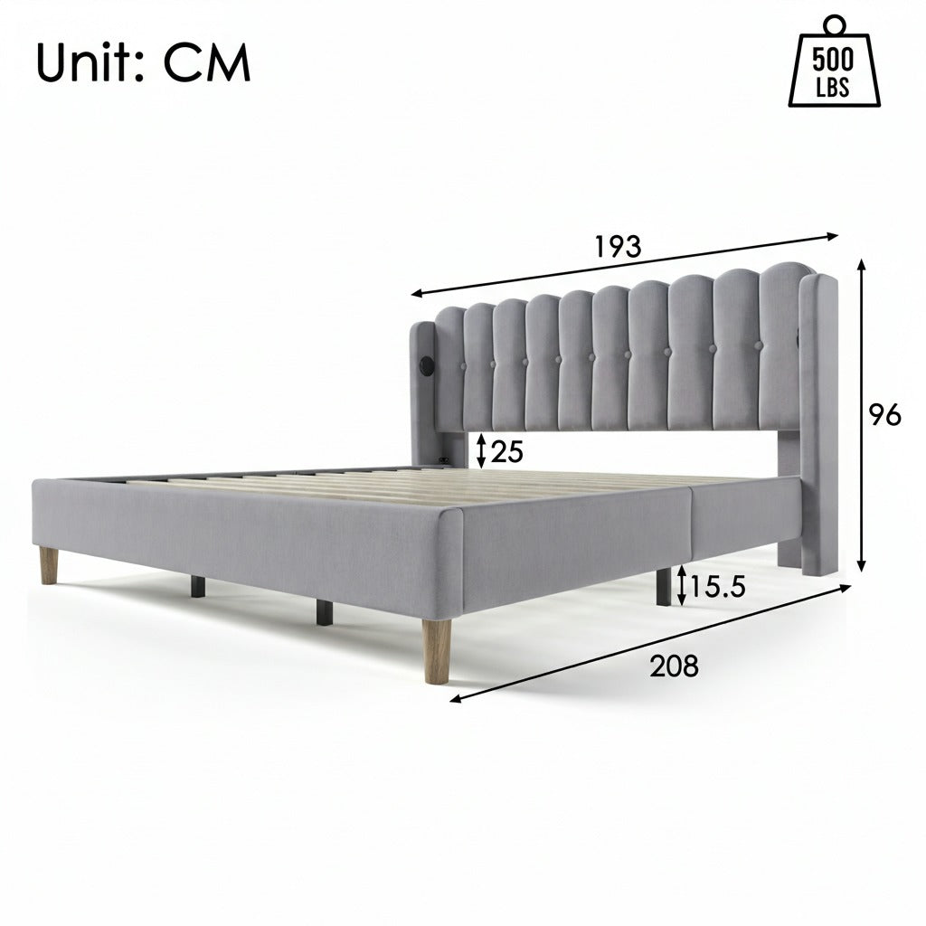 Upholstered Double Bed with USB C Charging, 180x200cm, Grey Linen