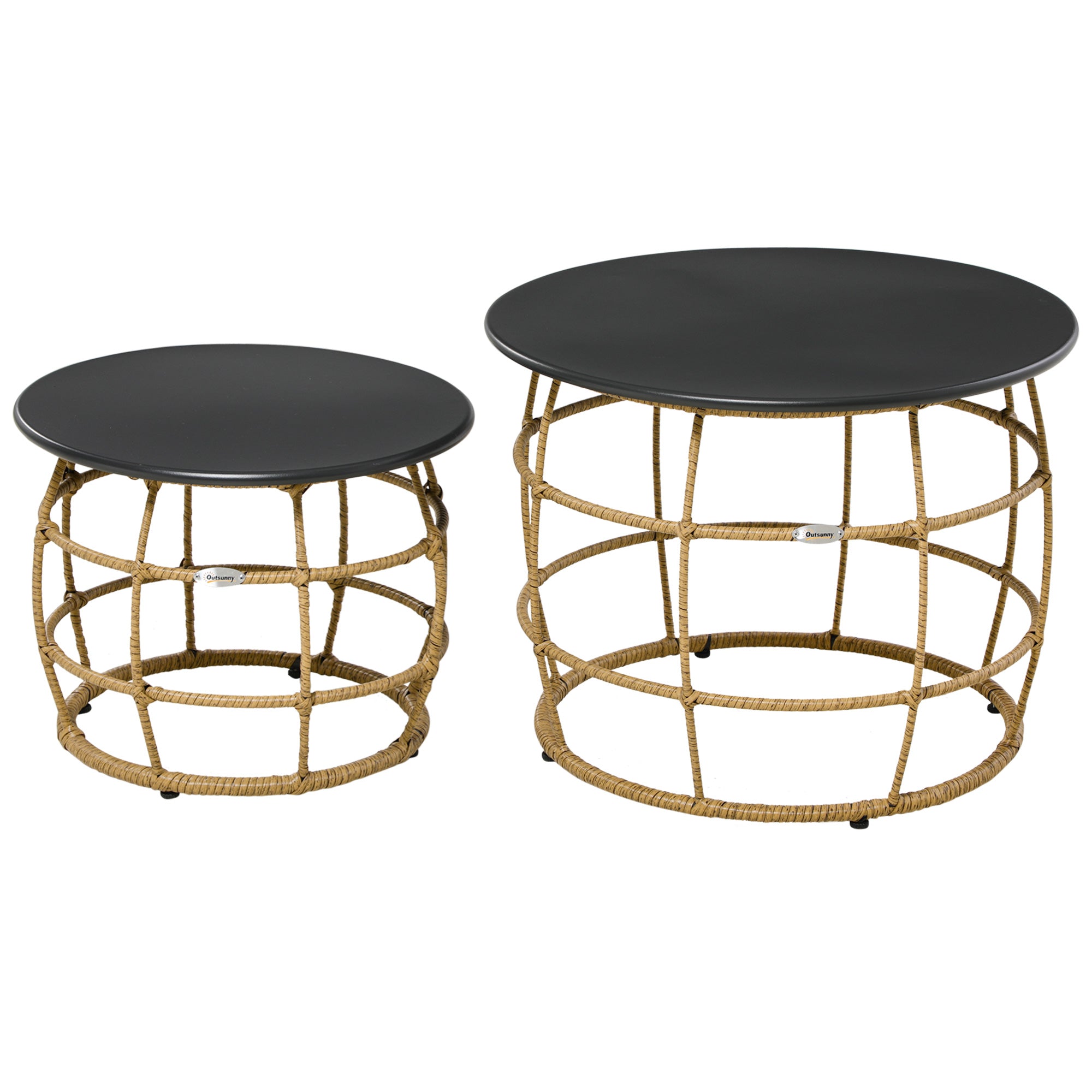 Side Table Set, 2 Coffee Tables with Hand-Woven Table Top, Sand