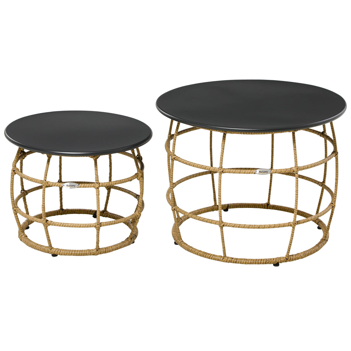Side Table Set, 2 Coffee Tables with Hand-Woven Table Top, Sand