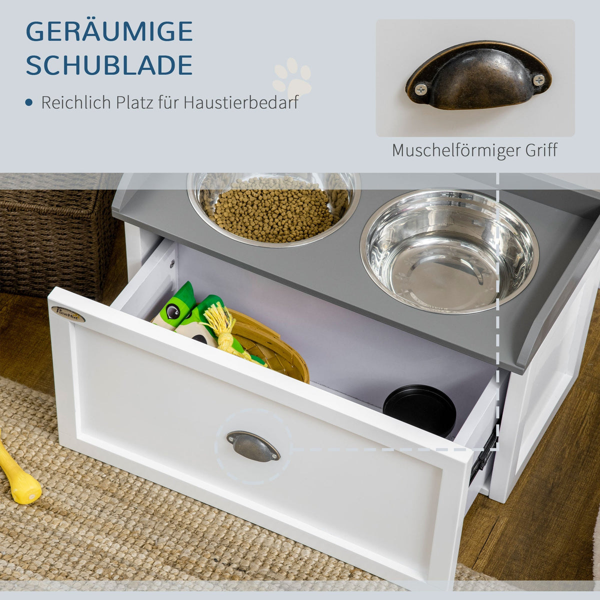 Dog Bowl with Drawer 2x2L Raised Stainless Steel Feeding Station, White