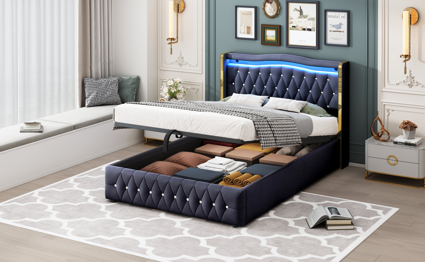 Upholstered Bed, 140x200cm LED Hydraulic Storage, Velvet Black