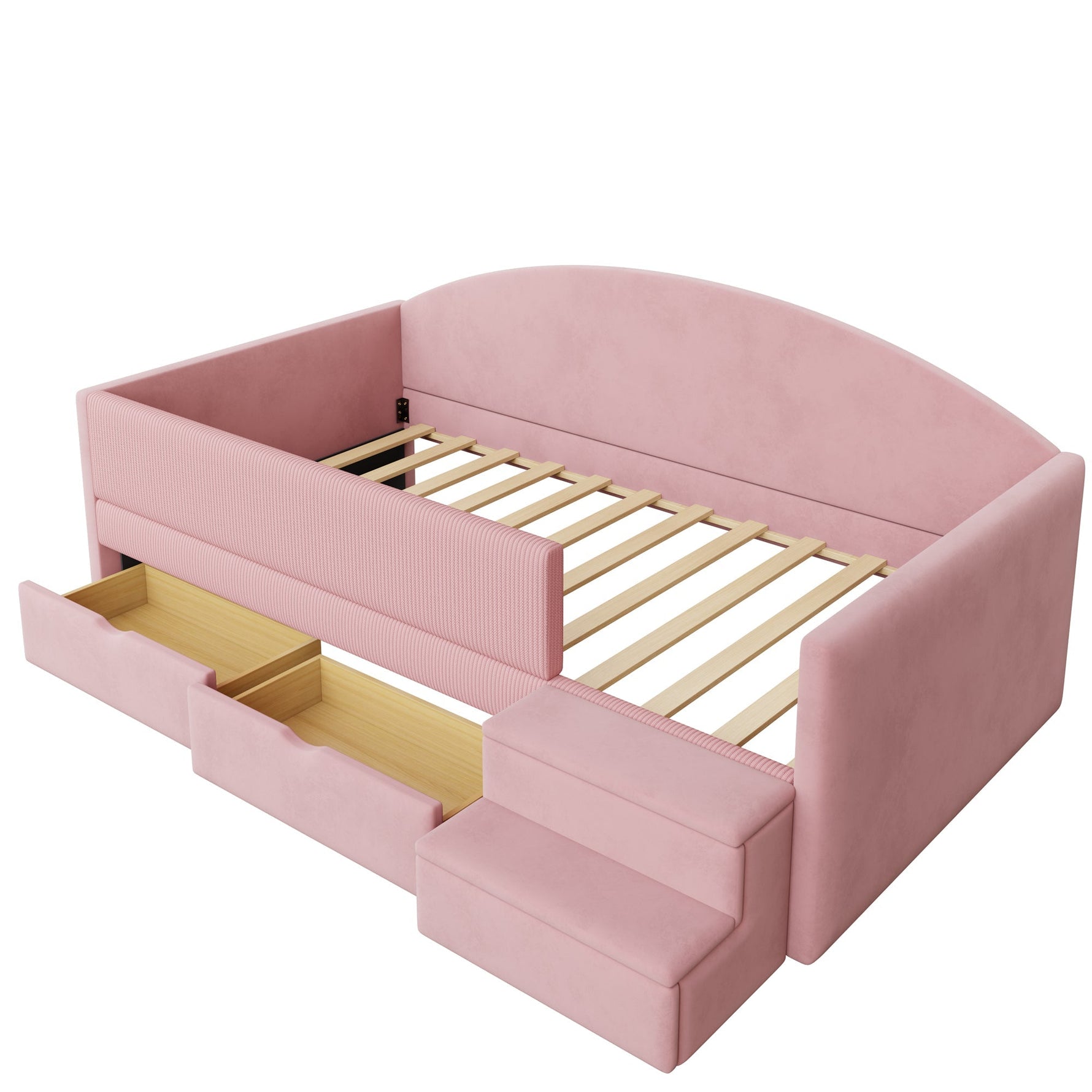 Upholstered Sofa Bed with Two Drawers, Railings and Steps, 90x190cm, Pink Velvet