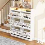 Shoe Cabinet 6 Drop-Down Compartments LED Lighting Open Storage White Natural Finish