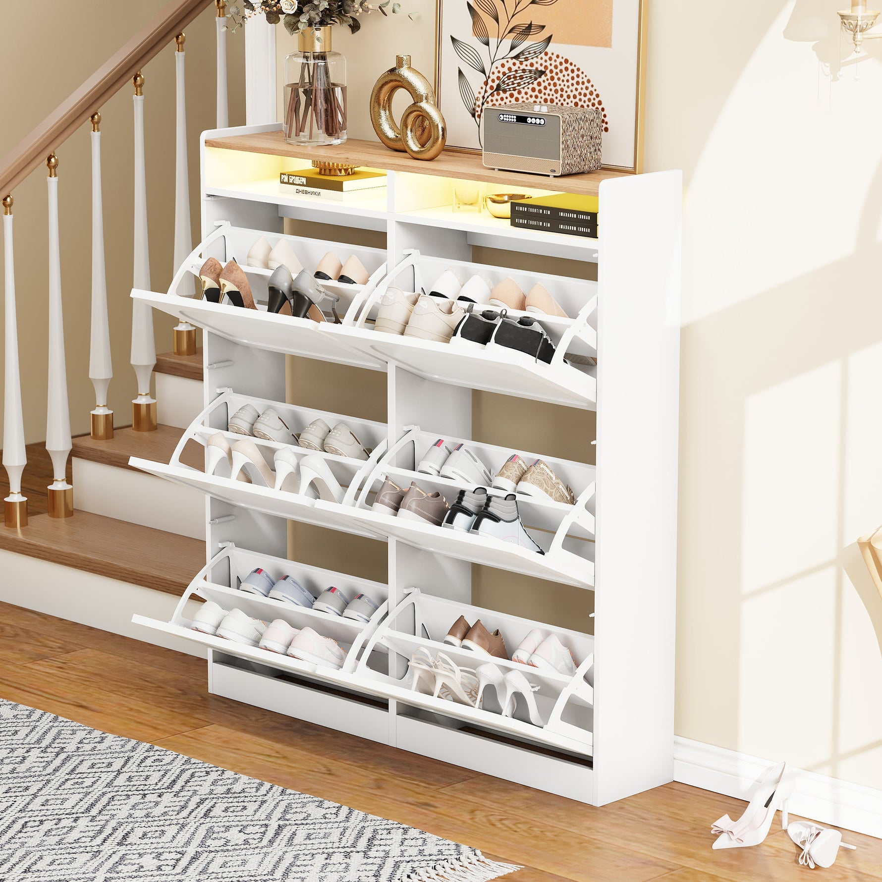 Shoe Cabinet 6 Drop-Down Compartments LED Lighting Open Storage White Natural Finish