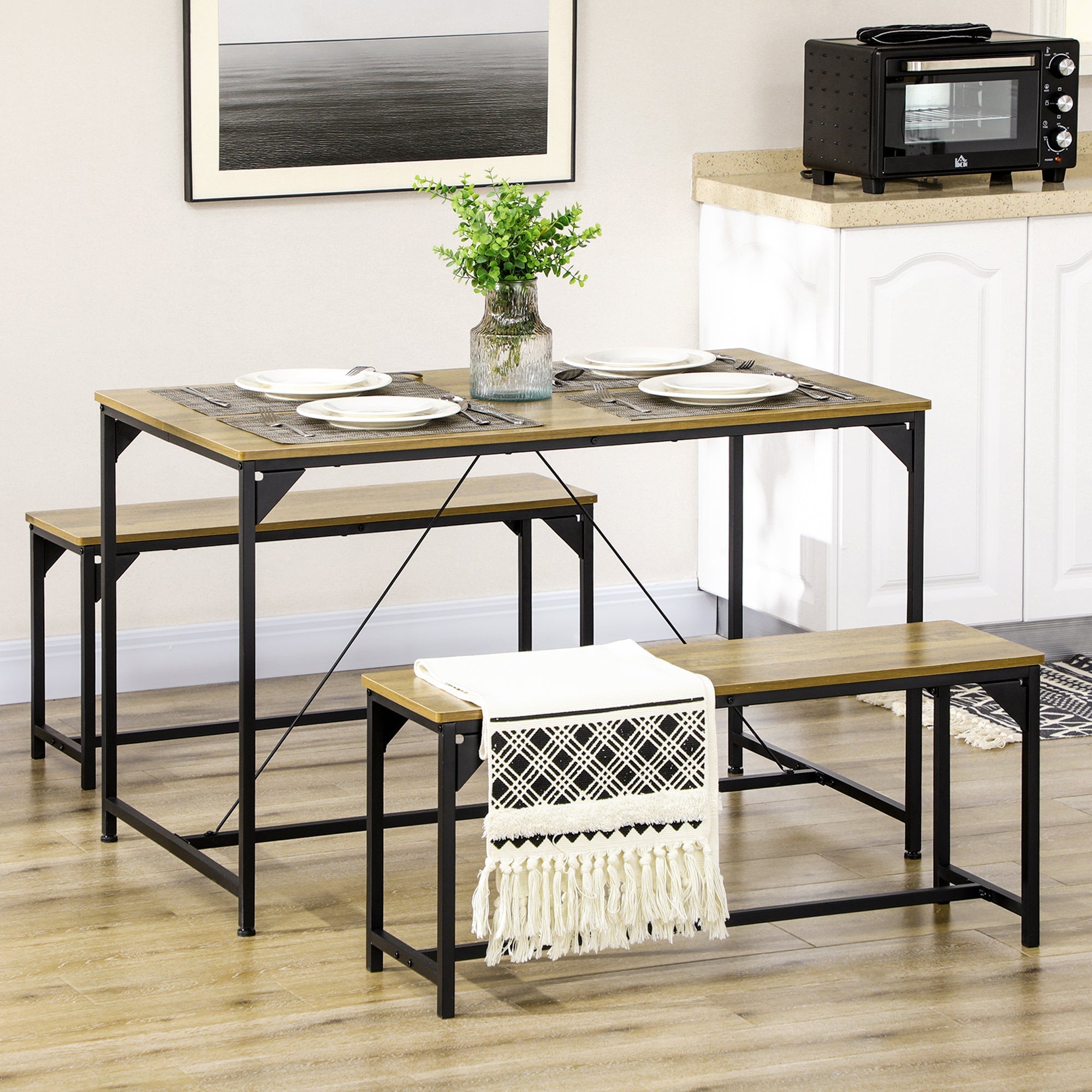 Dining Set, Industrial Design 3-Piece 4 People, Natural Wood