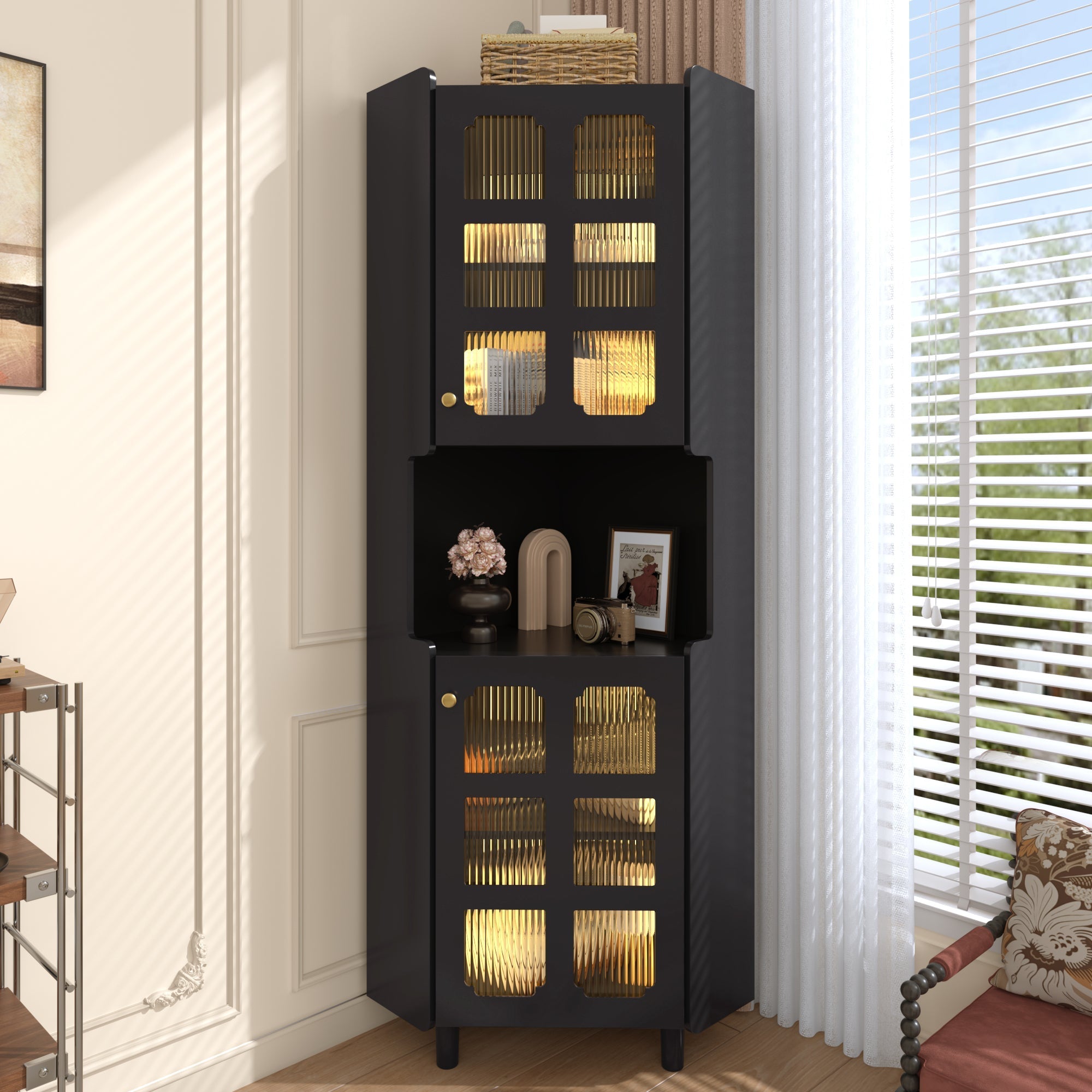 Corner Cabinet Multifunctional LED Storage - Black Lacquer Finish
