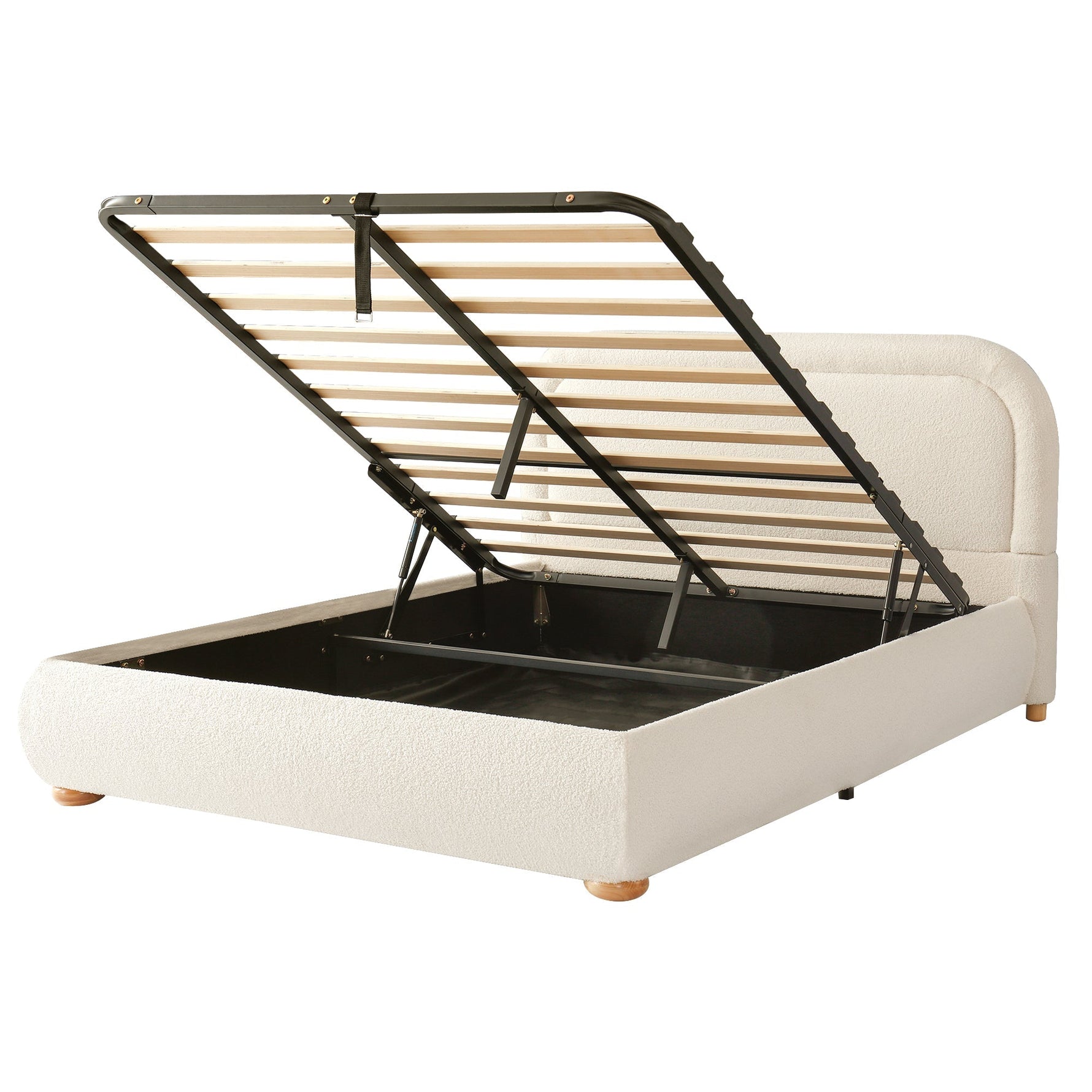 Upholstered Double Bed 140x190cm Hydraulic Storage Slatted Base Beige Bouclé