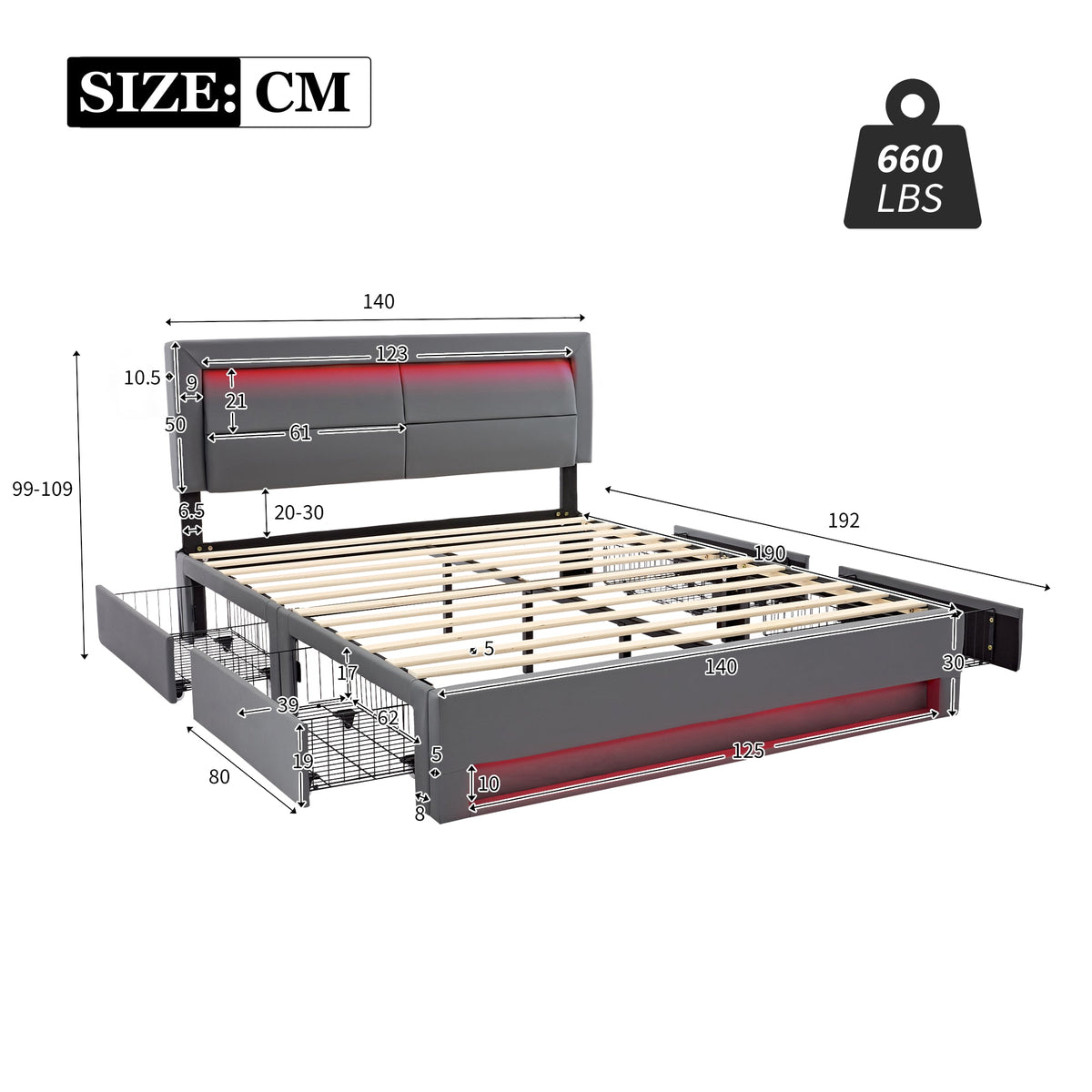 Lit capitonné 140x190cm, USB Charging, LED, Four Drawers, PU Litchi Gray