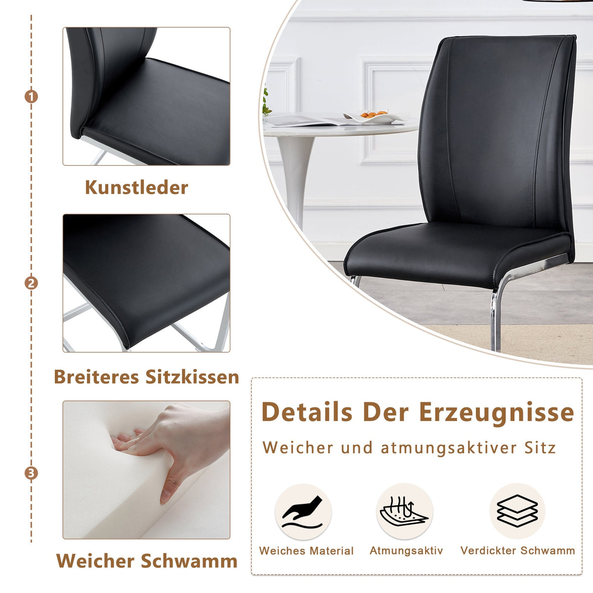 Chairs (Set of 4), Comfortable with Silver Metal Legs, Black PU