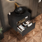 Floating Bathroom Washbasin with Ceramic Bowl and Sensor Light, 60cm Plywood Cabinet, Black