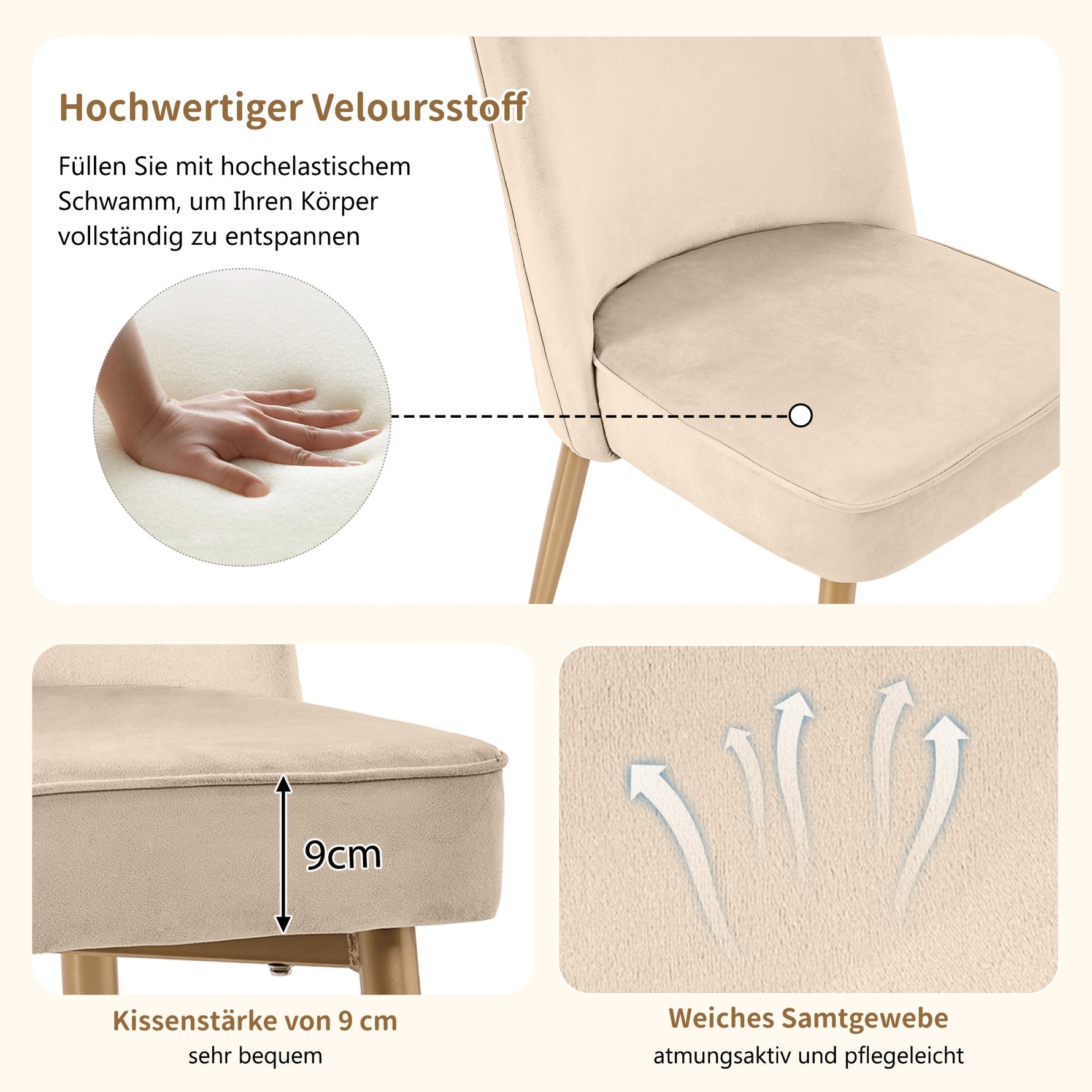 6 Dining Chairs Modern Gold Metal Legs Beige Velvet
