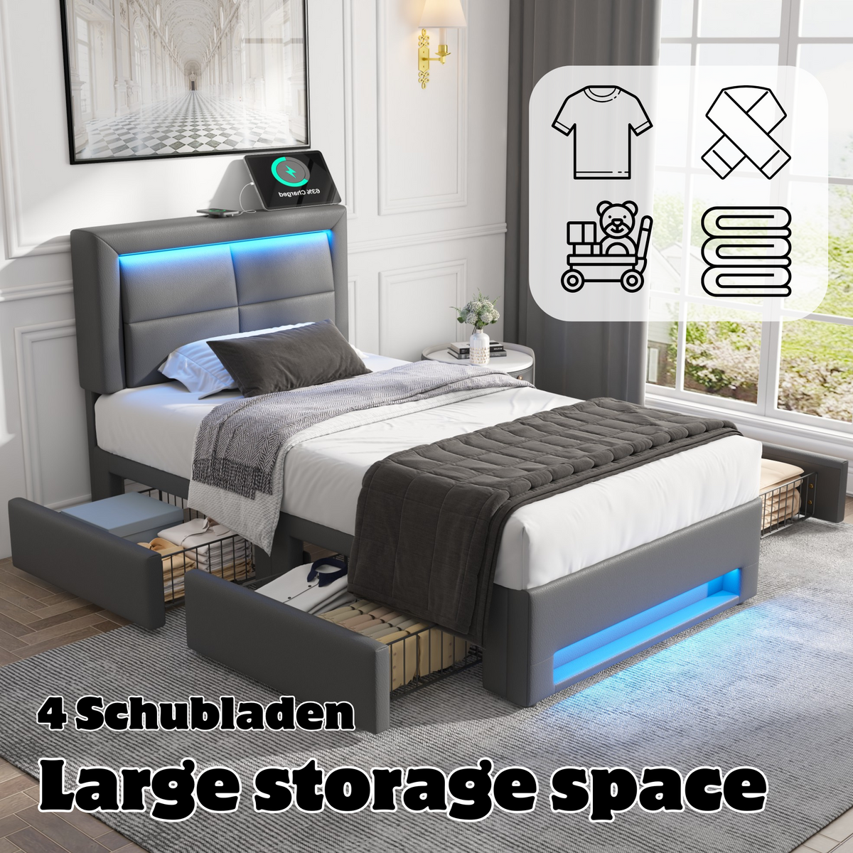 Upholstered Bed 90x190 cm with LED, USB & 4 Drawers, Grey PU