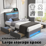 Upholstered Bed 90x200cm USB/Wireless Charging LED Lights 4 Drawers PU Lychee Pattern Grey