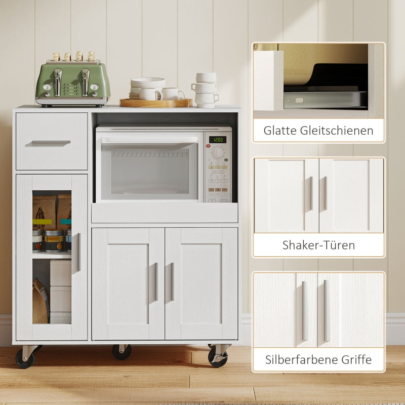 Mobile Kitchen Cabinet with Drawers, Shelves & Cable Hole - White