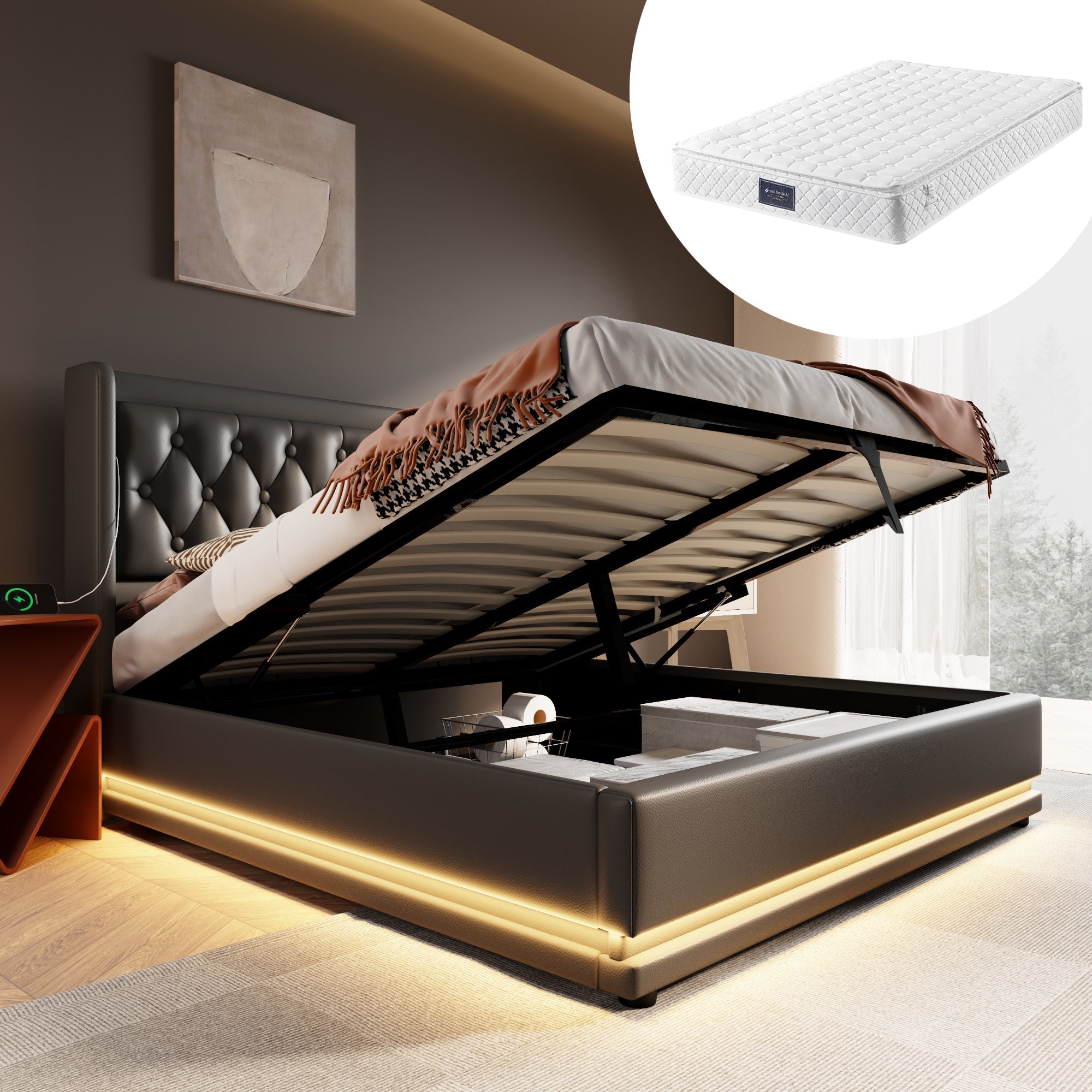 Upholstered Bed, 160*200 cm Hydraulic Storage with LED & USB, Black PU Leather