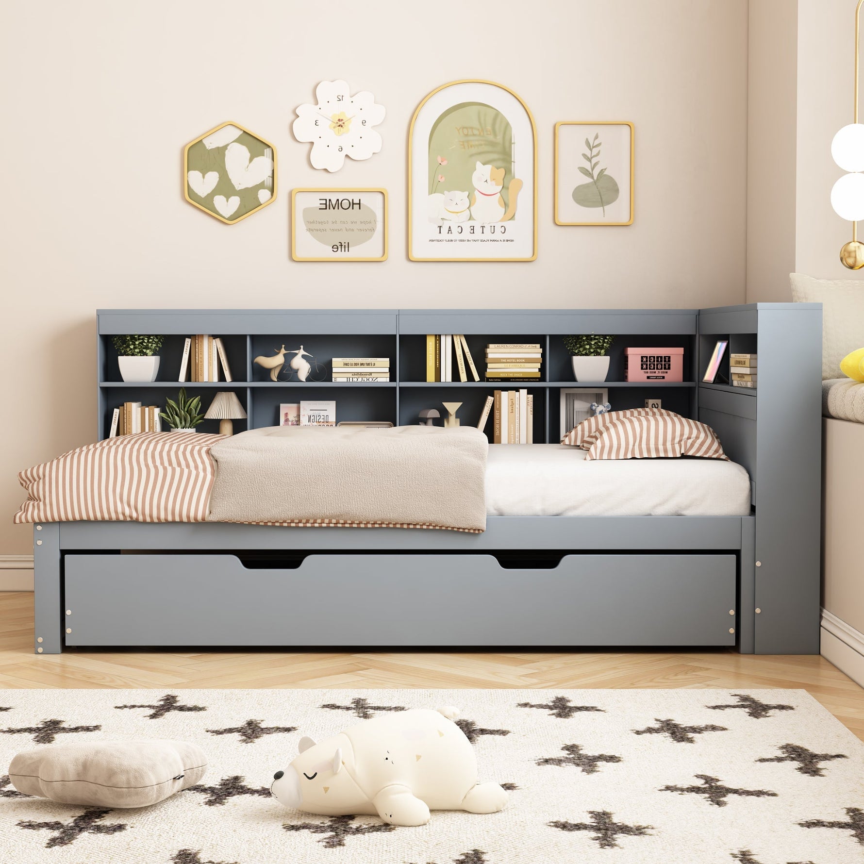 Sofa Bed with USB Socket & Storage, Solid Wood, Gray