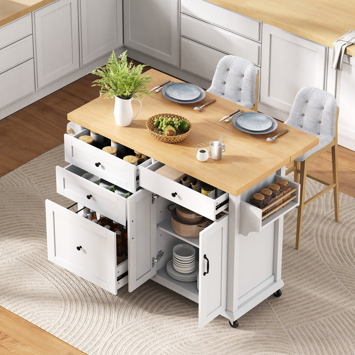 Mobile Kitchen Island, Extendable Dining Table Multifunctional Drawers, White
