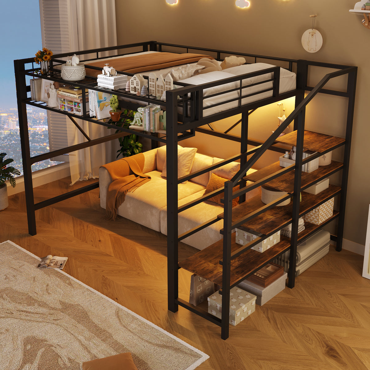 Loft Bed 140x200cm with LED Light Strip, Black Metal