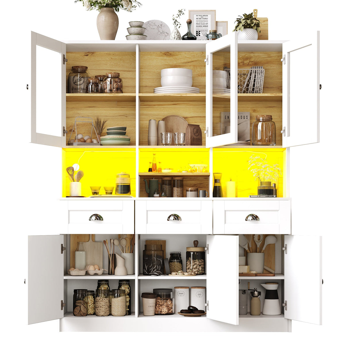 Tall Kitchen Cabinet 140x40x175cm Adjustable Shelves LED Lighting White/Black