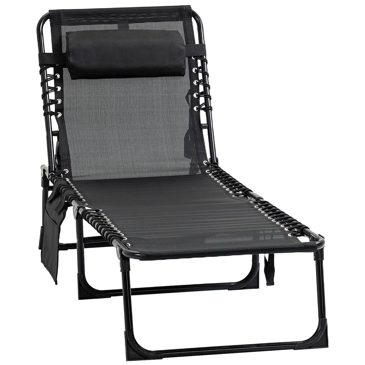 Folding Chaise Loungue Sun Lounger 5 Position Adjustable Backrest Removable Headrest Black Fabric