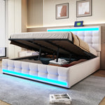 Upholstered Bed, Hydraulic Storage with USB & LED Light Strip, Beige Linen