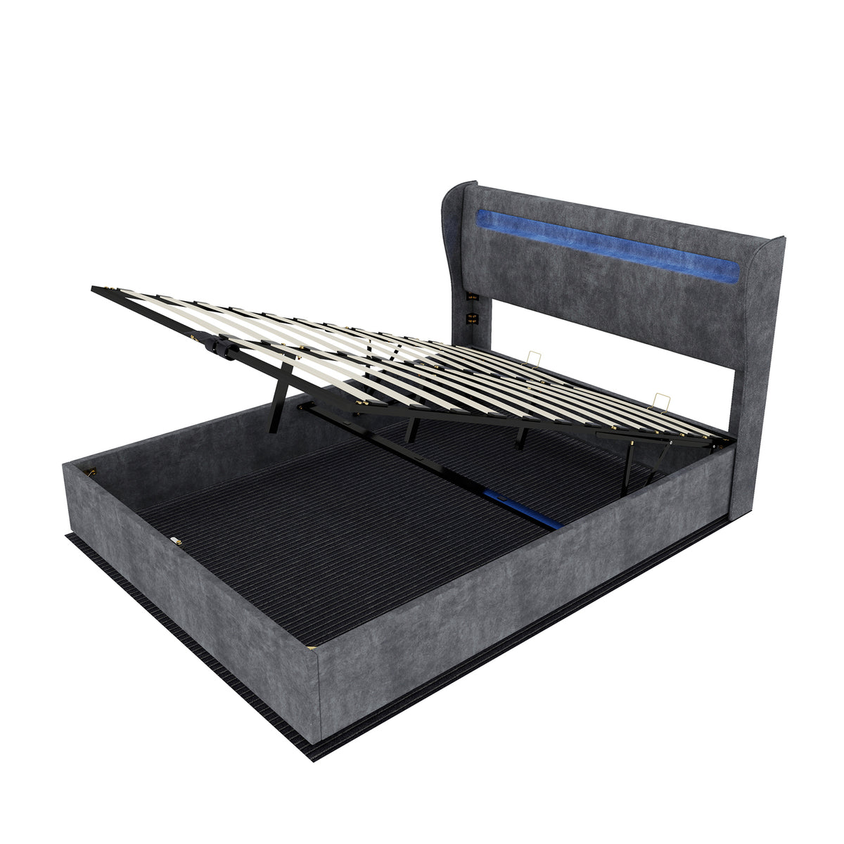 Upholstered Bed 160x200cm with LED Headboard & Storage, Grey