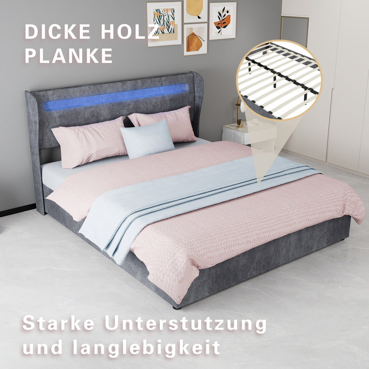 Upholstered Bed 160x200cm with LED Headboard & Storage, Grey