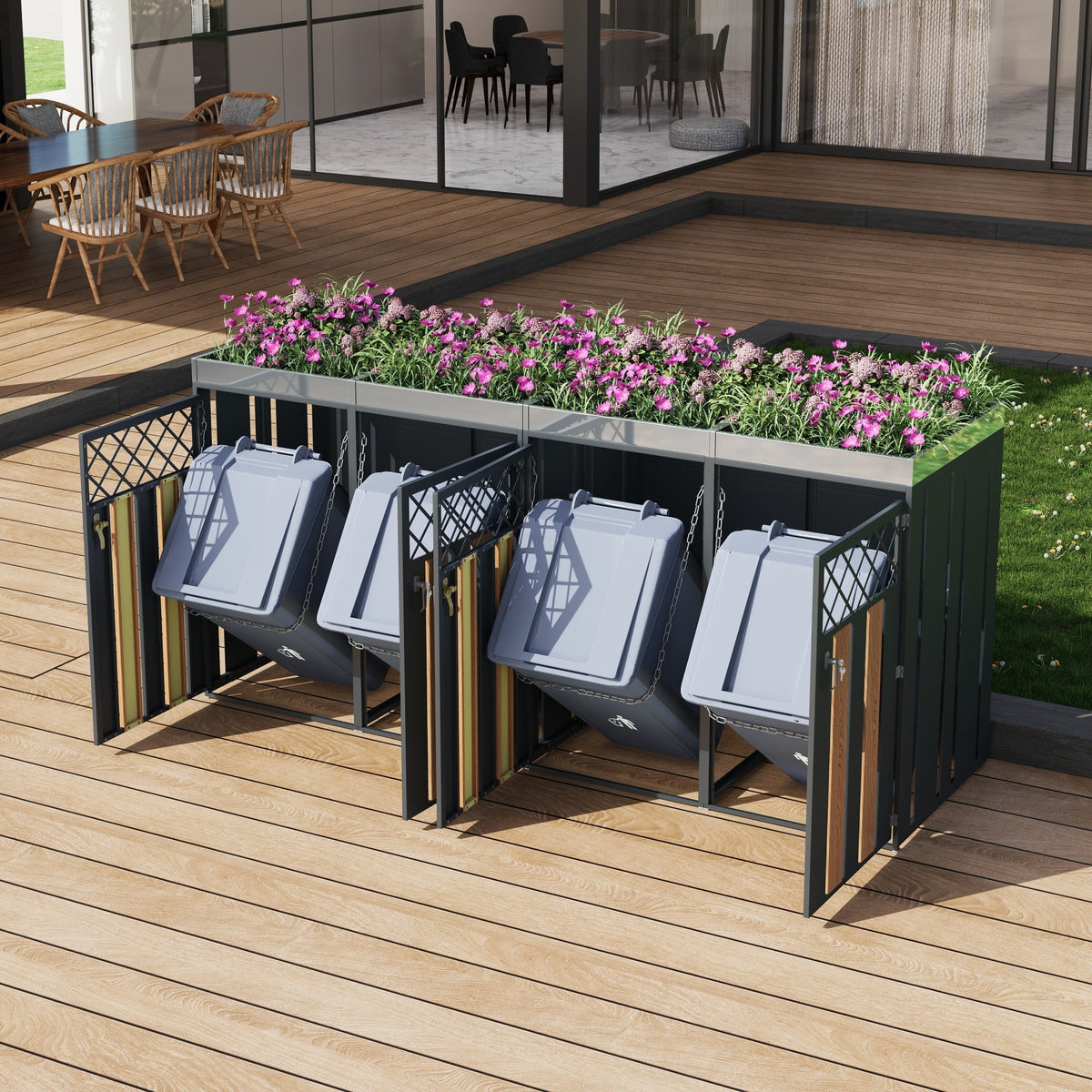 Garbage Can Enclosure with Diamond Ventilation Holes, Lockable Four Doors and Planting Area, Metal