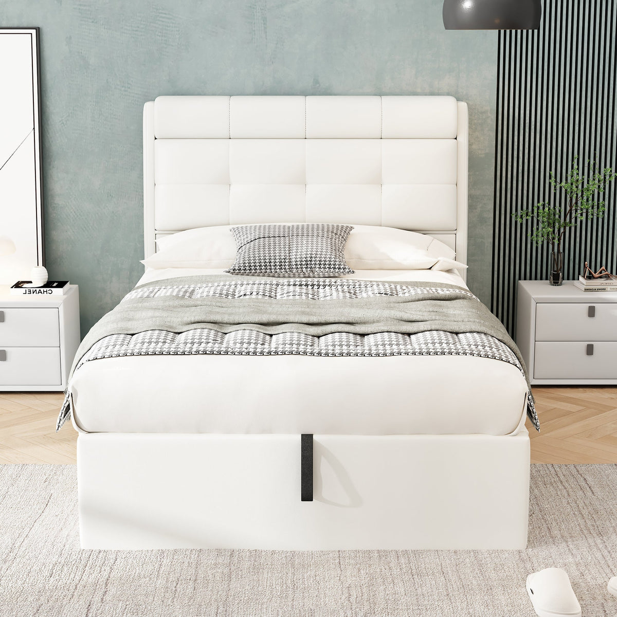 Upholstered Bed 90x200 Hydraulic Bed Box & Headboard Storage PU White