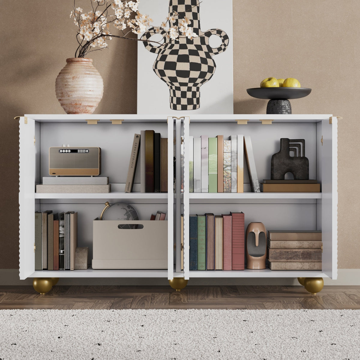Sideboard with Four Molded Doors and Adjustable Shelves, Wood and Metal