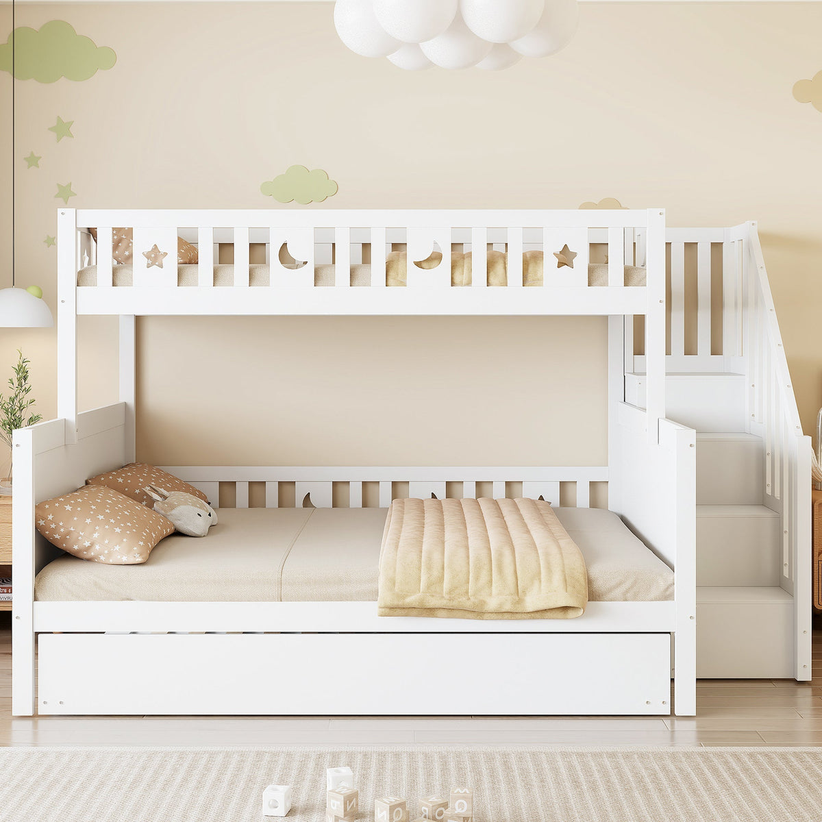 Children's Bunk Bed 90x200/140x200cm Safety Stairs Rollaway Bed Slatted Base, Solid Wood White